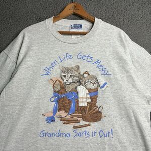 Vintage Cat T Shirt Boxy Cropped Fit XL Grandma Art Cottagecore